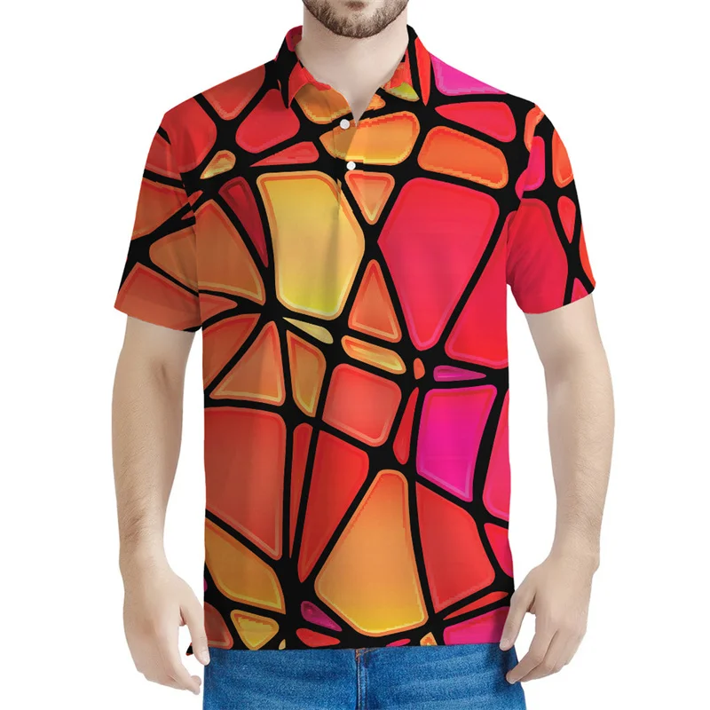 Colorful Stained Glass 3d Printed Polo Shirts Men Mosaic Graphic Tee Shirt Oversized Button Loose T-shirt Lapel Short Sleeves