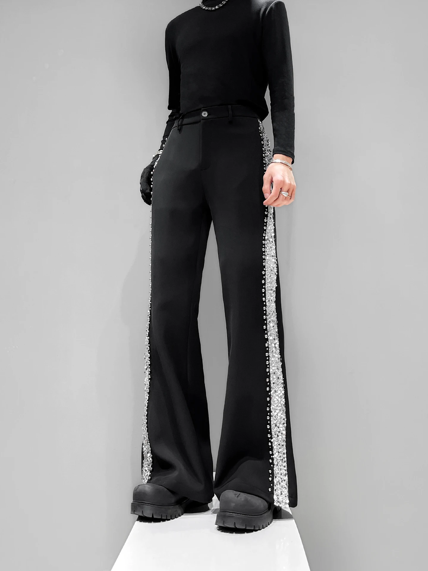

Original Design Men's Flared Pants Glitter Patchwork Floor-Length Trendy Polyester Fiber mid Waist Loose Fit Spring Youth