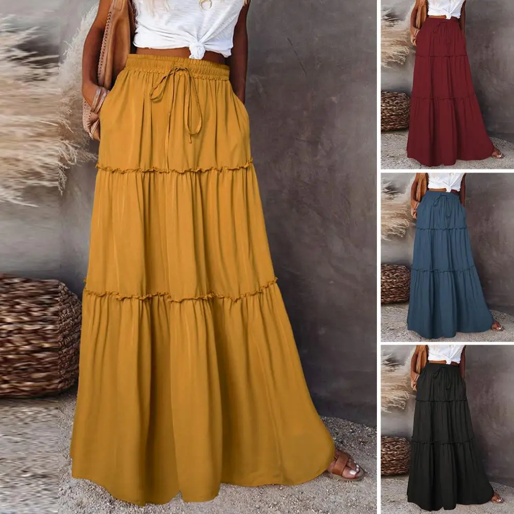 Women Maxi Skirt Elegant High Waist Maxi Skirt with Ruffle Detailing for Women Solid Color A-line Holiday Party Long Skirt