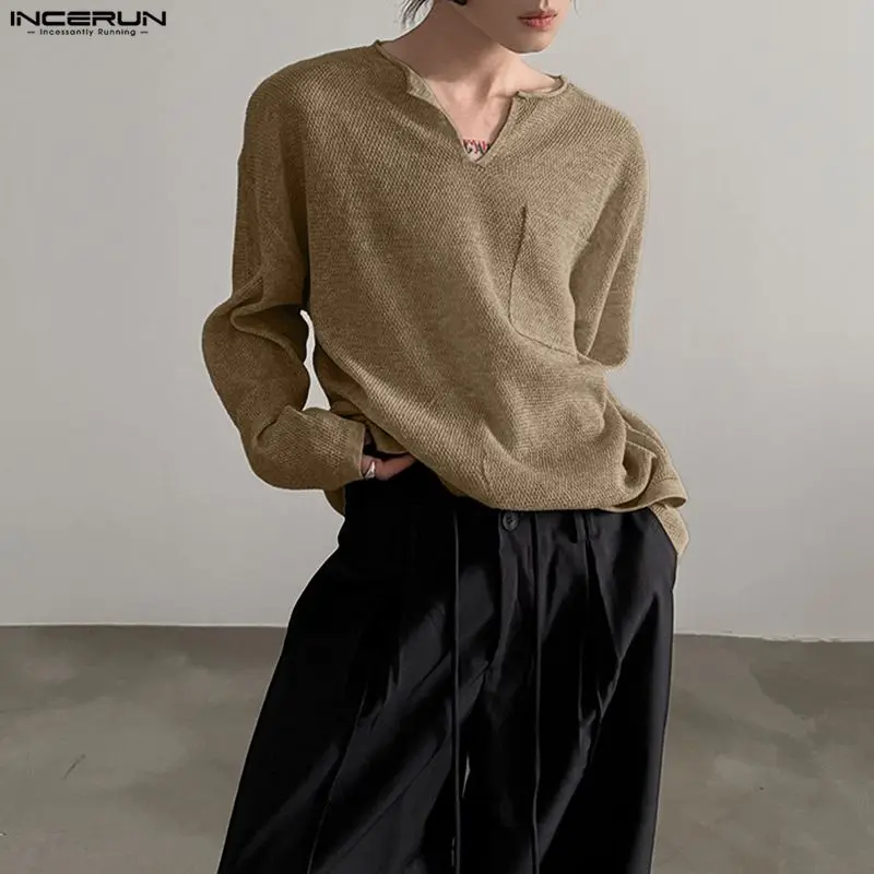 INCERUN الرجال تي شيرت بلون الخامس الرقبة طويلة الأكمام عادية الذكور المحملة القمم الشارع الشهير 2025 فضفاض الكورية نمط موضة الرجال الملابس