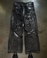 American Gothic Retro Cross Embroidery Washed Heavy Loose Jeans Men's Y2K New Popular Harajuku Hip-Hop Rock Couples Street Wear