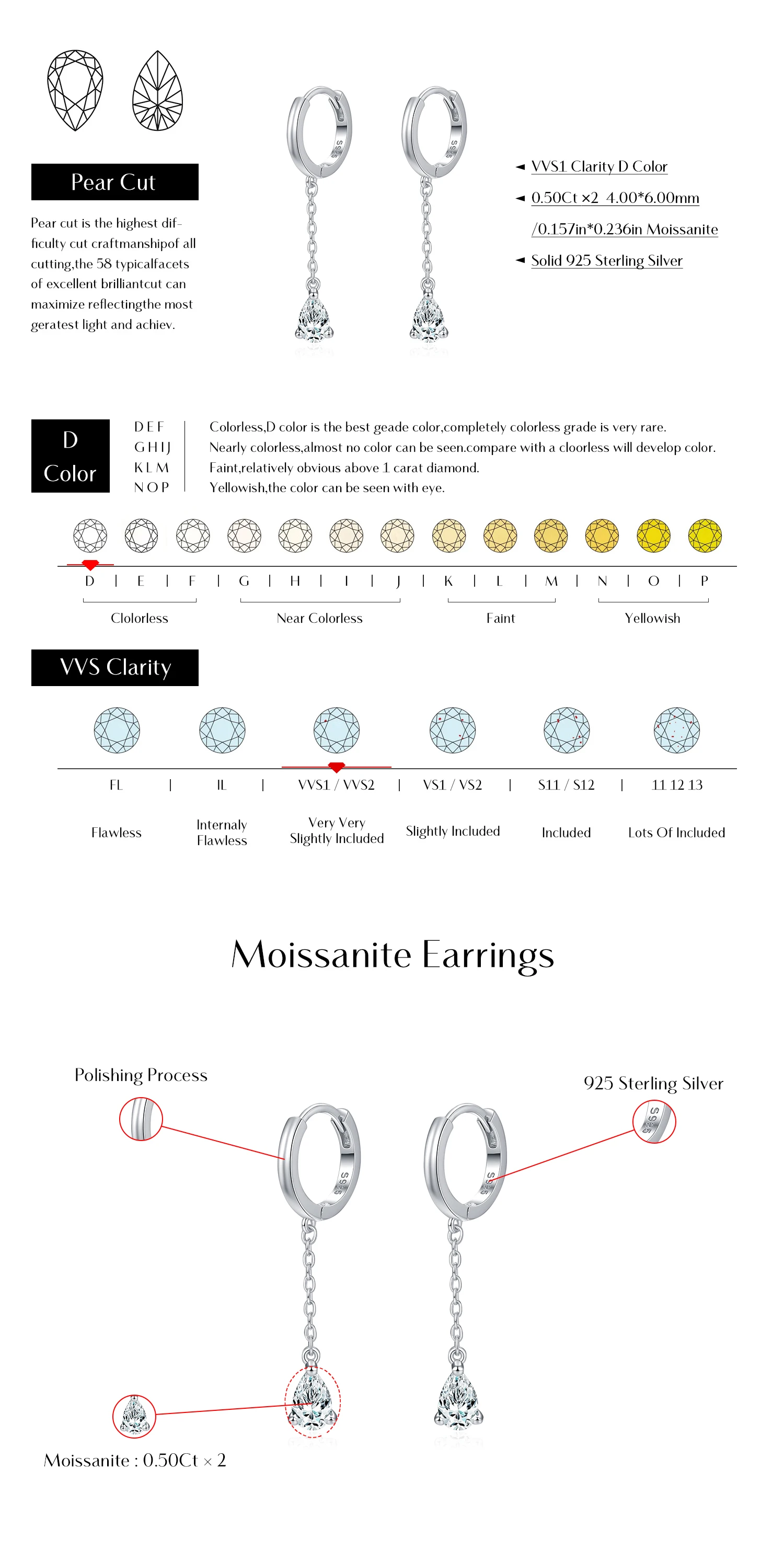 MODIAN 1 CT D Color Pear Cut Moissanite Drop Earrings 925 Sterling Silver Long Chain Lab Diamond Hoop Earrings Jewelry For Women