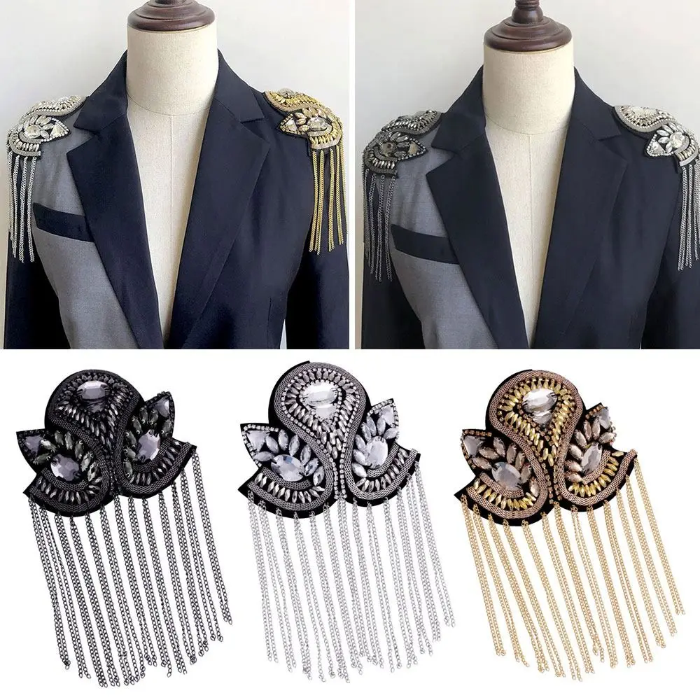 Delicate Handmade Tassel Epaulette Rhinestones Long Chain Brooch Electroplating Classical Shoulder Brooch Men Women