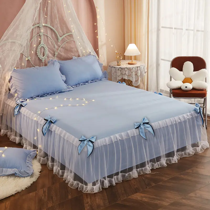 3Pcs/set Double Lace Bed Sheet Skirt Elastic Fitted Bedspread with Pillowcases Mattress Cover Bedding Set King Size Bedsheet