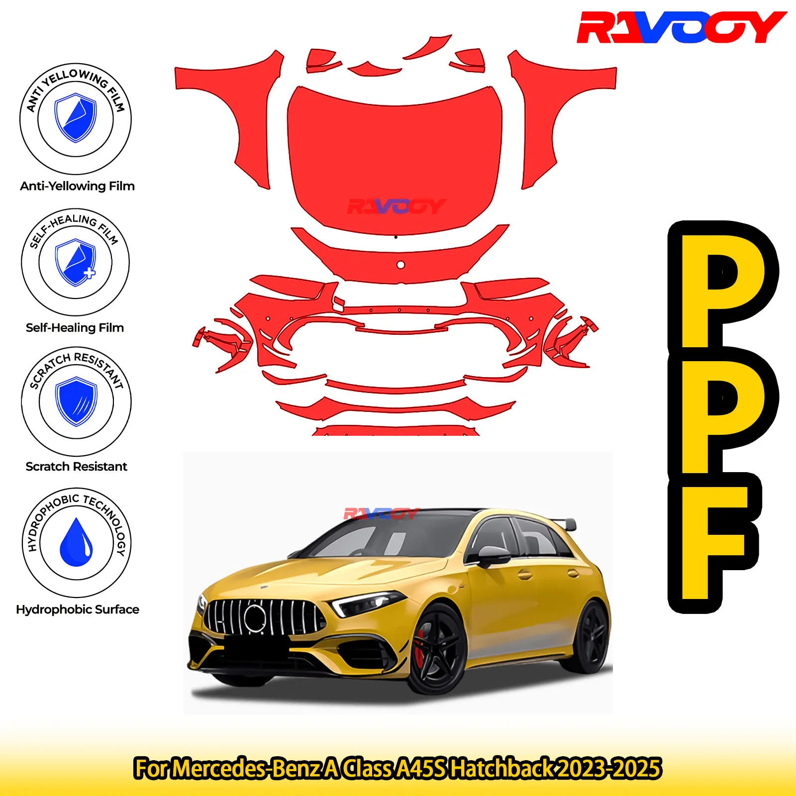 

For Mercedes-Benz A Class A45S Hatchback 2023-2025 Glossy Matte Black Precut front PPF Kit Paint Protection Film