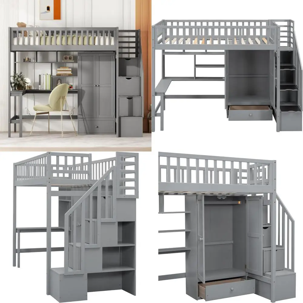 

Двухъярусная кровать Twin Size с многофункциональным дизайном: стол, лестница, хранилище, книжная полка и шкаф для детской комнаты, серое массивное дерево