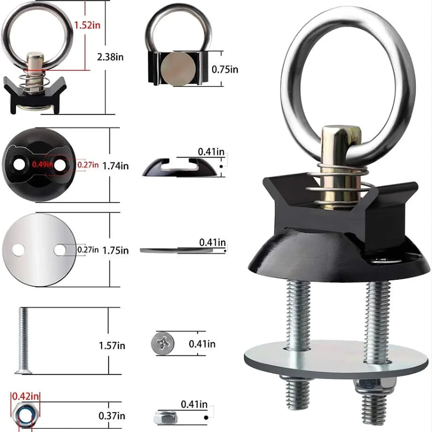 4x Black L-Track Tie Down Anchors Heavy Duty Single Stud Fitting with Stainless Steel Ring for Logistics Airline Rail Track - view 5