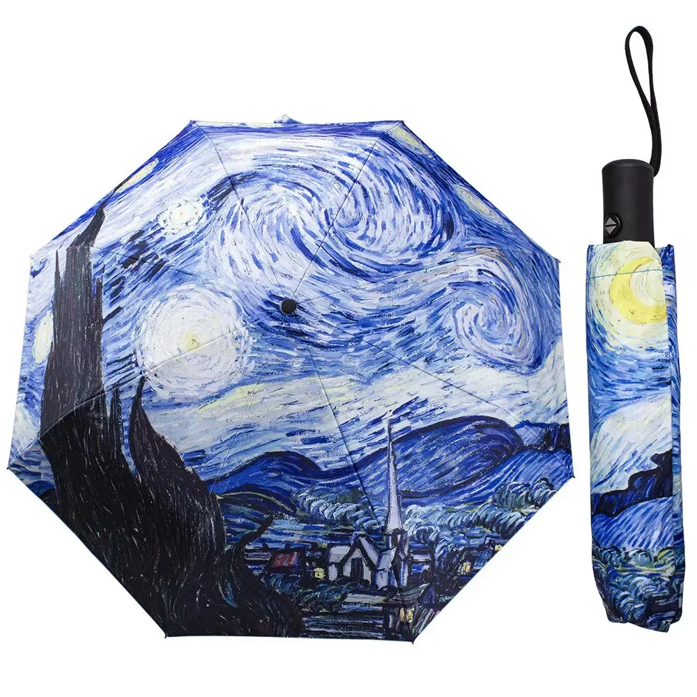 Mini Sun Umbrella Van Gogh Oil Painting Automatic Umbrella Oil Painting Automatic Windproof Wind Resistant Sun Folding Umbrella