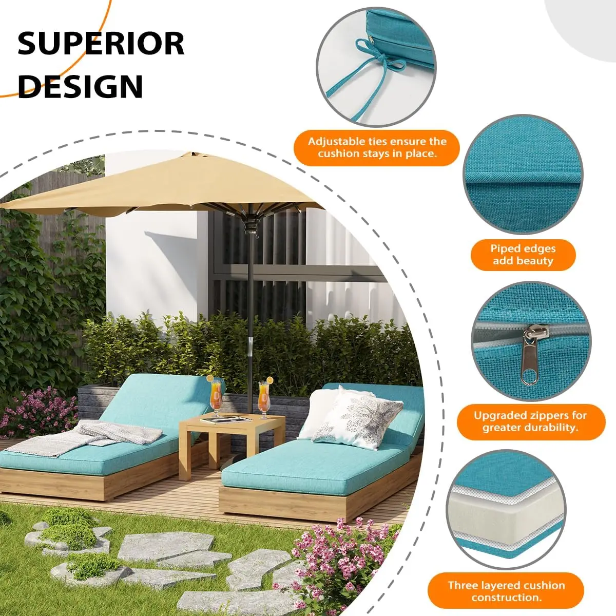 Sundale Outdoor Olefin Chaise Lounge Cushion, Water-Resistant Patio Lounge Chair Cushion, Thick Lounger Pad With 8 Straps Teal,