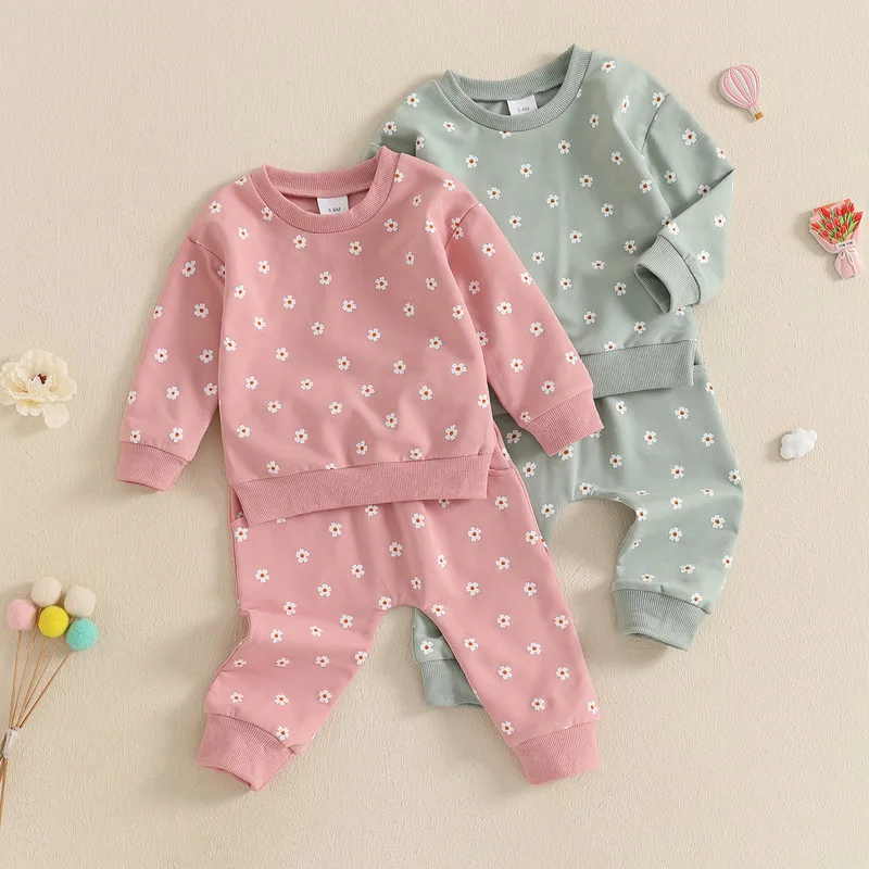 0 to 24 Months Baby Girls Floral Pant Sets Spring Autumn Clothes Long Sleeve Sweatshirt with Elastic Waist Sweatpants