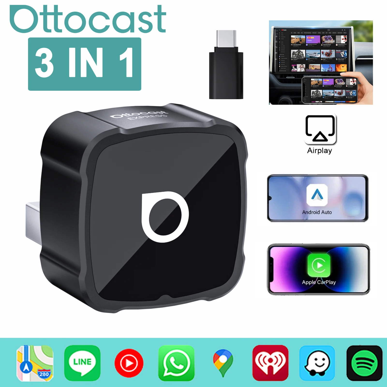 OTTOCAST MINI AIR Cube 4.0 Wireless CarPlay Android Auto Adapter  3 in 1 Dongle Airplay Screen Mirroring Dongle Car Accessories