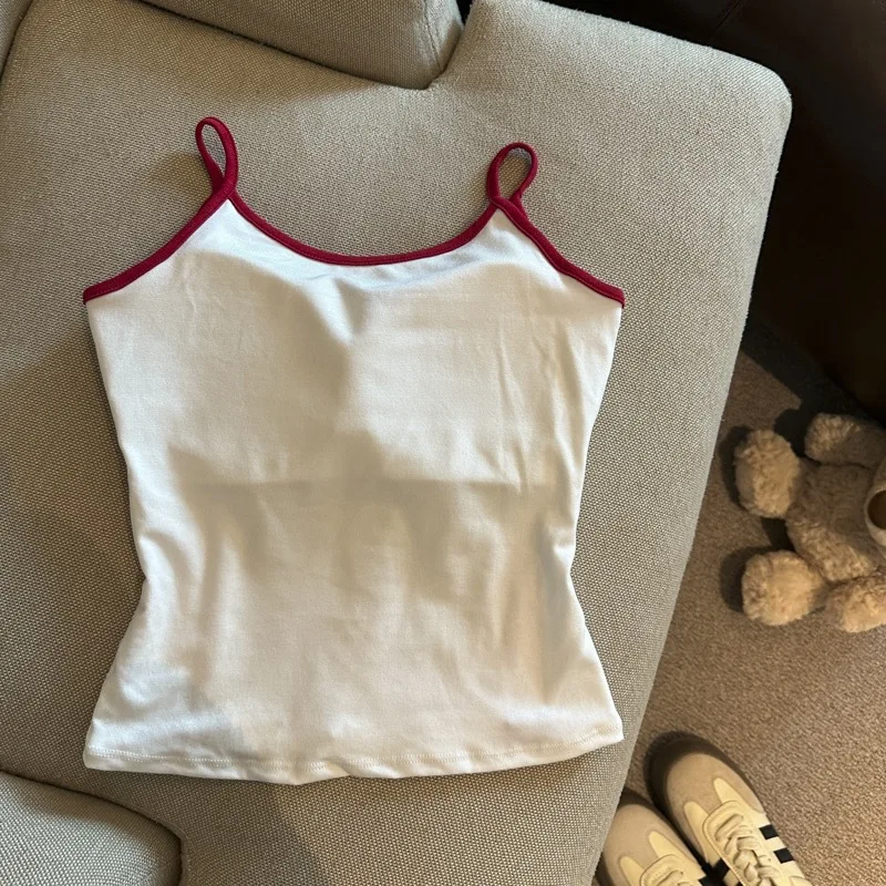 Women Letter Print Camisole Patchwork Lace with Chest Pad Sporty Contrast Colour Camis Football Sleeveless Tight Corset Vests