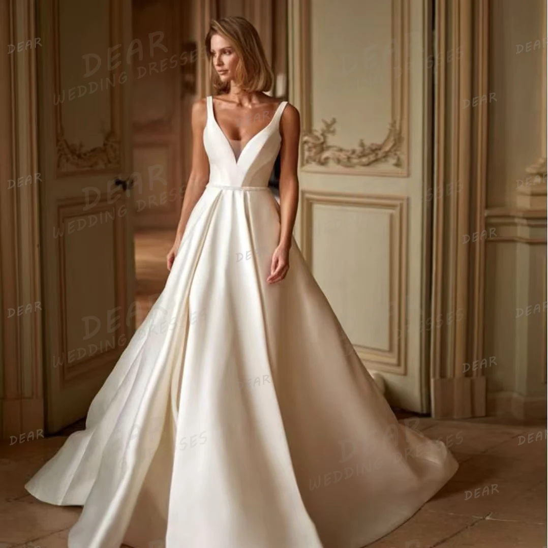 Gaun pernikahan sederhana gaun pengantin Backless applique leher V seksi garis A wanita gaun Formal elegan Satin Vestidos De Noche 2025