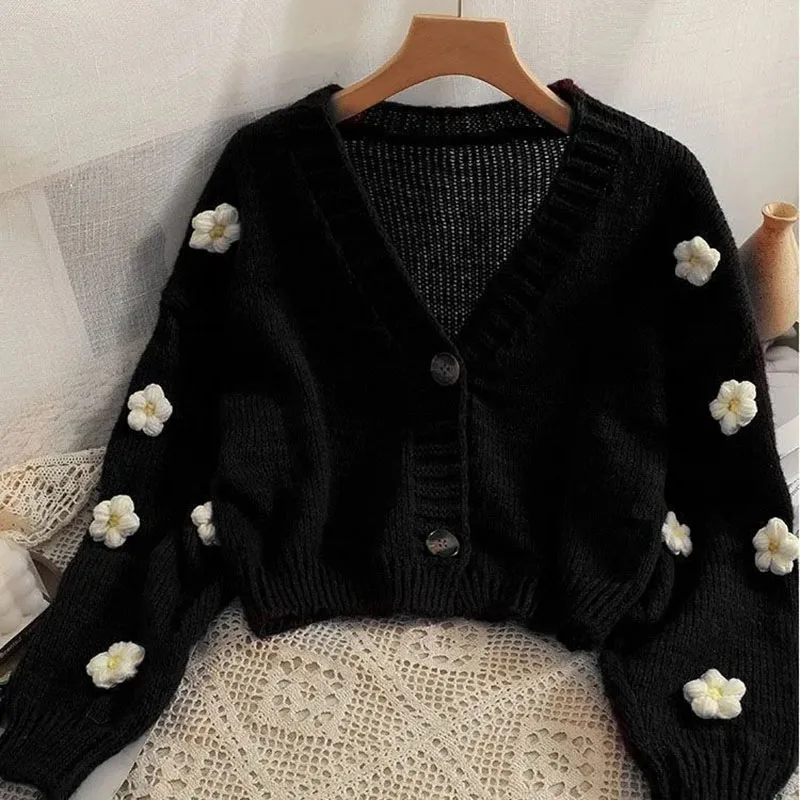 Sweet Cute Flower Sweater Cardigan Women Fall Winter Cropped V-neck Knitted Cardigans Female Long Sleeve Single-breasted Sweater