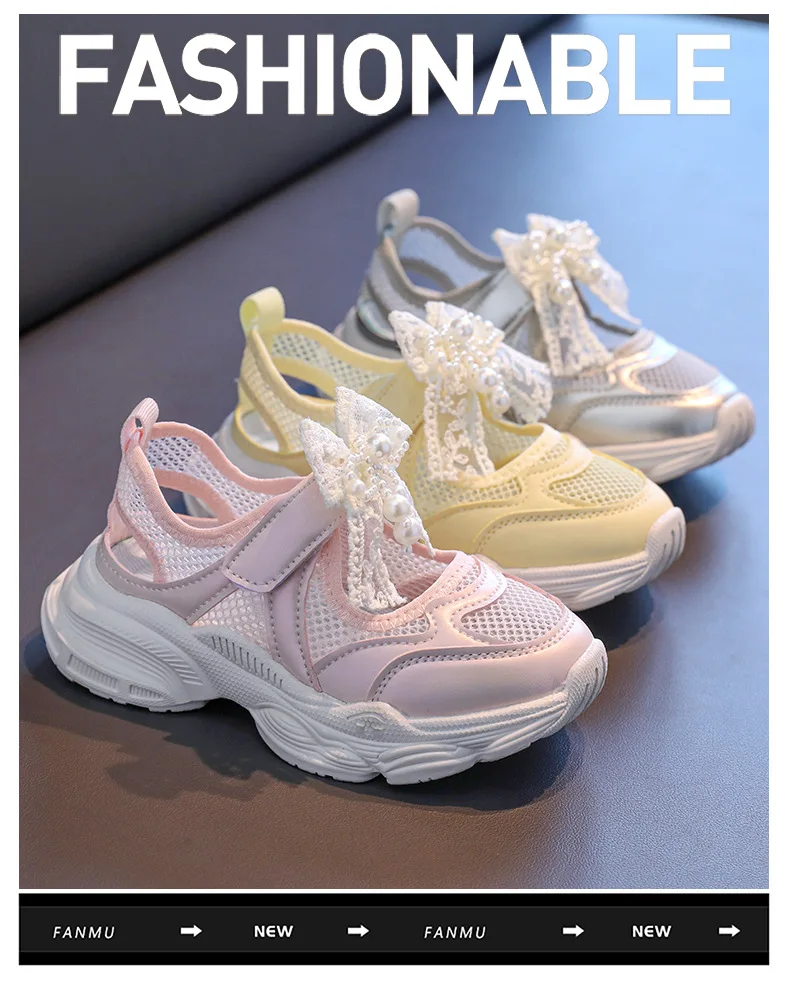 Mädchen Sport Sandalen Ausgehöhlte Mesh Atmungsaktive Kinder Prinzessin Turnschuhe Spitze Bögen Perlen 2025, Sommer Neue Kinder Laufschuh – Detail 2