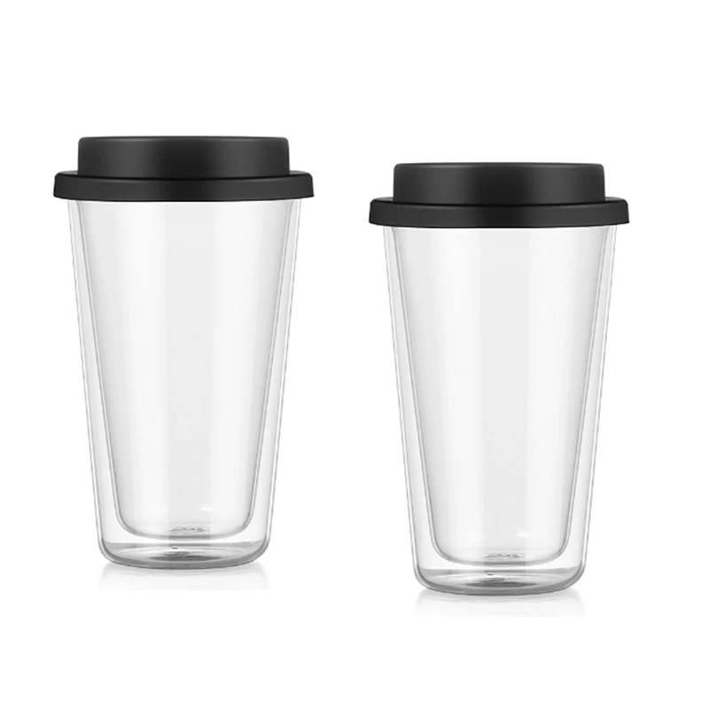 2 Packs Double Walled Glass Coffee Mugs Insulated Drinking Coffee Cups With Silicone Lids,12 OZ /350ML Dishwasher Safe