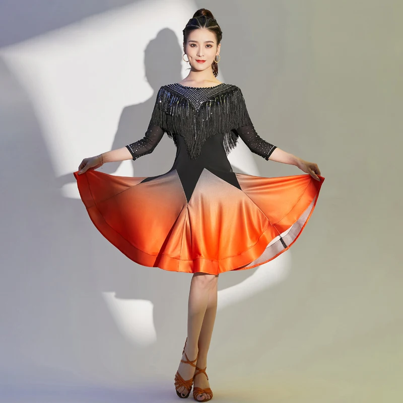 Competition One-Piece Latin Dance Dresses Women Salsa Samba Stretchy Dress Half Sleeves Girls Fringes Costume Satin Skirt