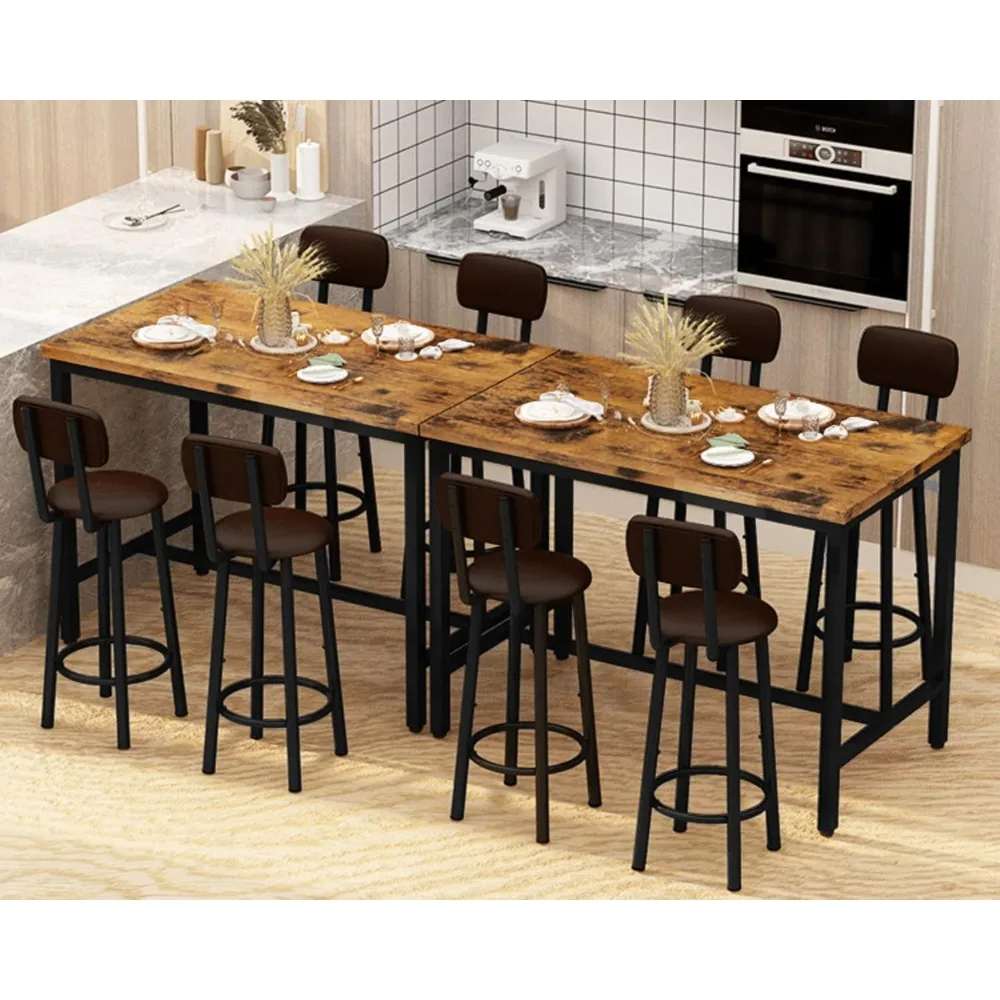 Faux Wooden with 8 PU Upholstered Chairs,Breakfast Bar Table and Backrest Chairs with2 with 8 chairs, (Brown)