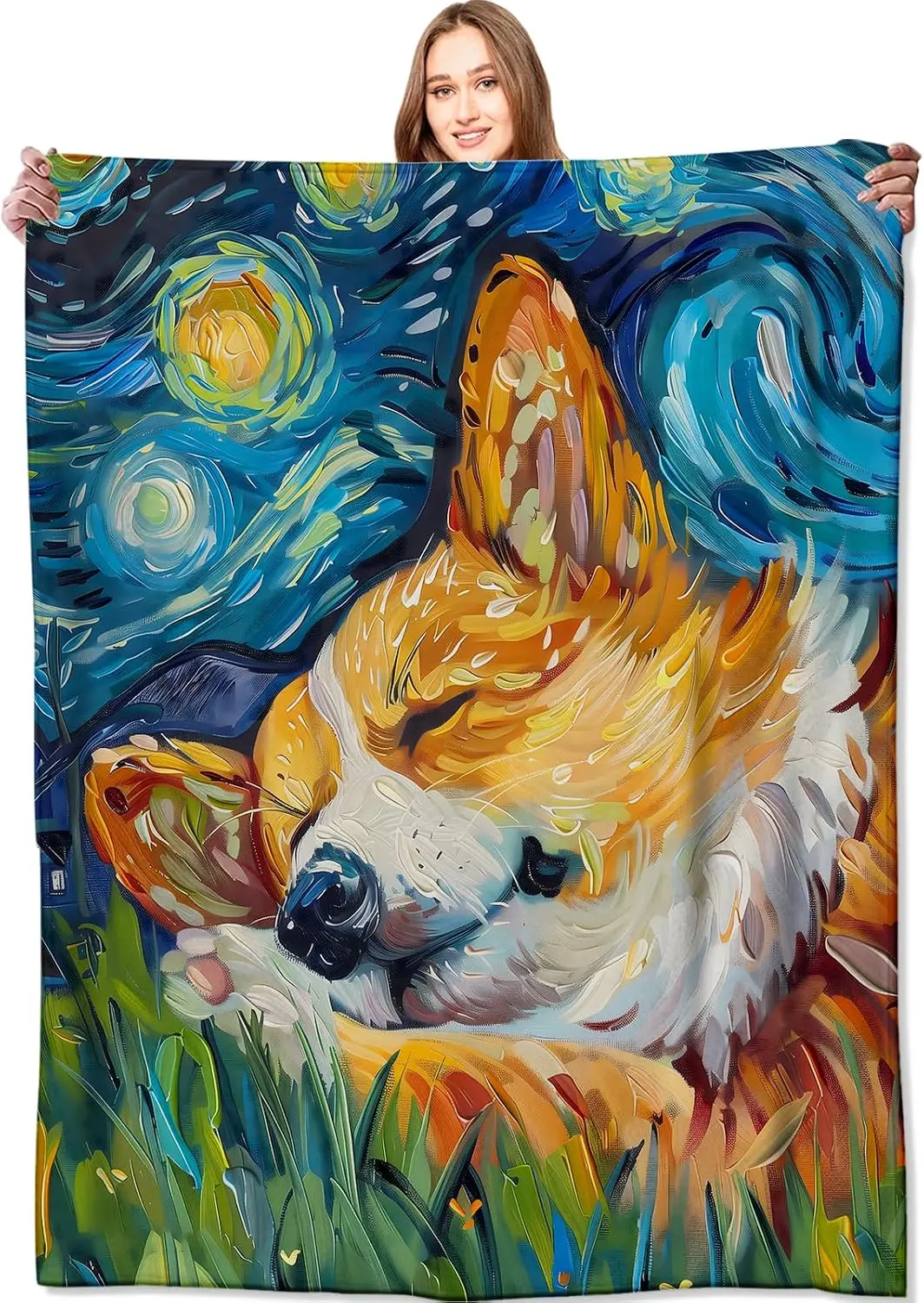Impressionist Star Sky Sleeping Welsh Corgi Full Print Cozy Flannel Blanket Portable Living Room Artistic Casual Daily Household