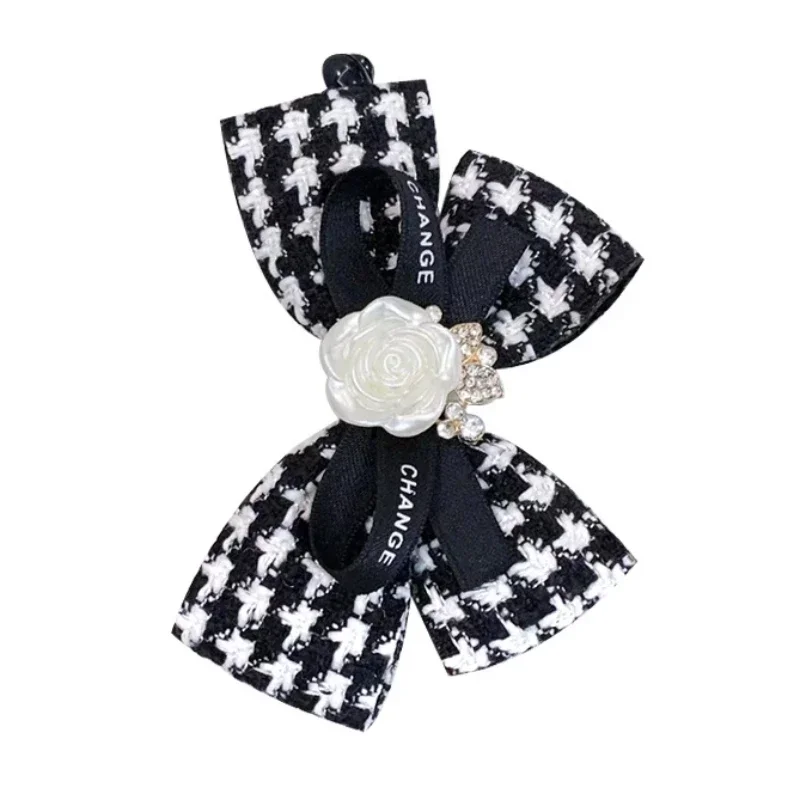 Korean Fabric Art Houndstooth Lattice Chic Banana Hair Clip with Elegant Camellia Flower Bows  Accessories for Women Barette