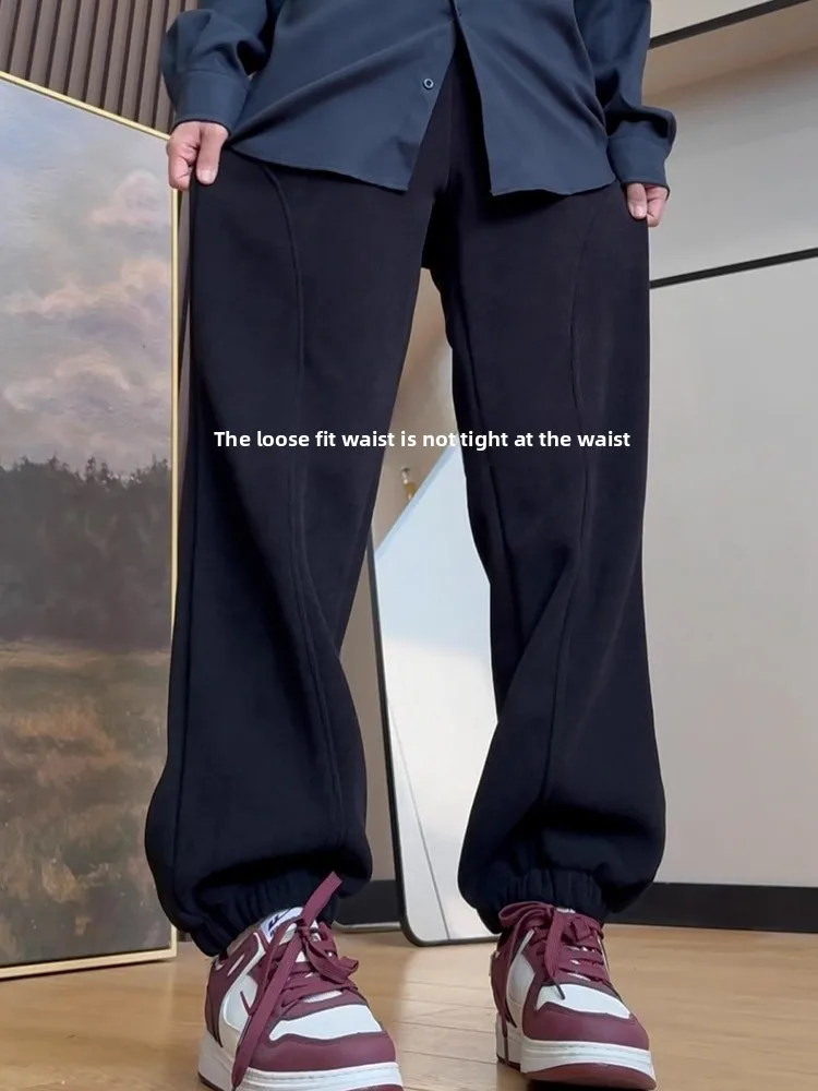 بنطلون رياضي شتوي أمريكي ريترو مبطن بالصوف السميك للرجال والشباب، بنطلون دافئ كاجوال متعدد الاستخدامات بقصة فضفاضة وخصر منخفض