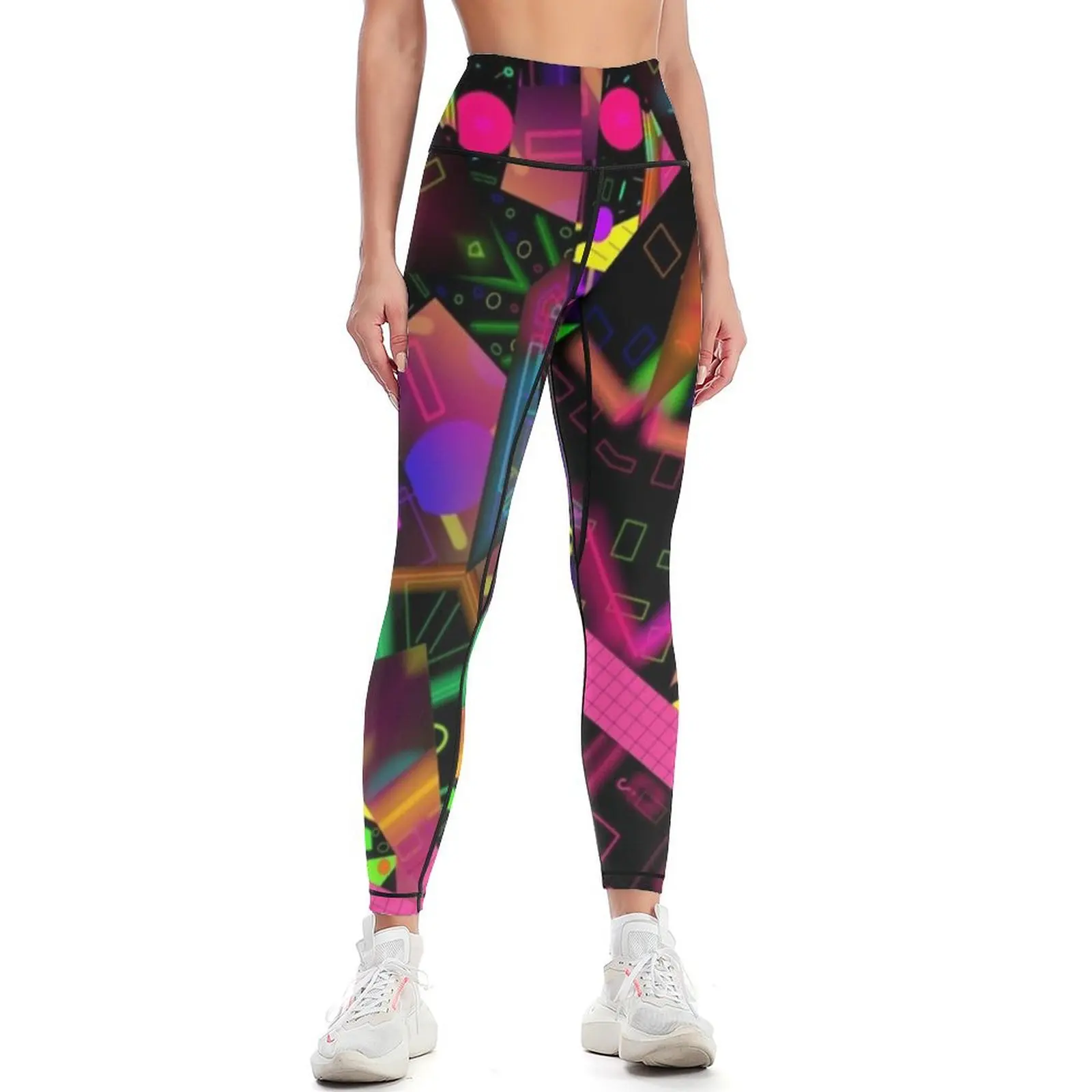 Vibrant Neon Vortex abstract 80's design collage mix mash Leggings sport pants Fitness woman Womens Leggings