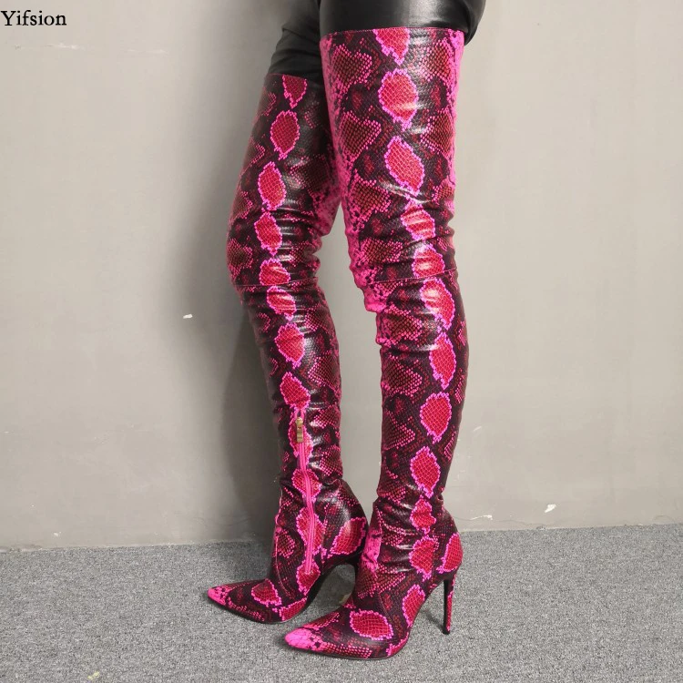 

Olomm New Women Over The Knee Snake Boots Stiletto High Heels Boots Pointed Toe Rose Red Party Shoes Women Plus US Size 5-15