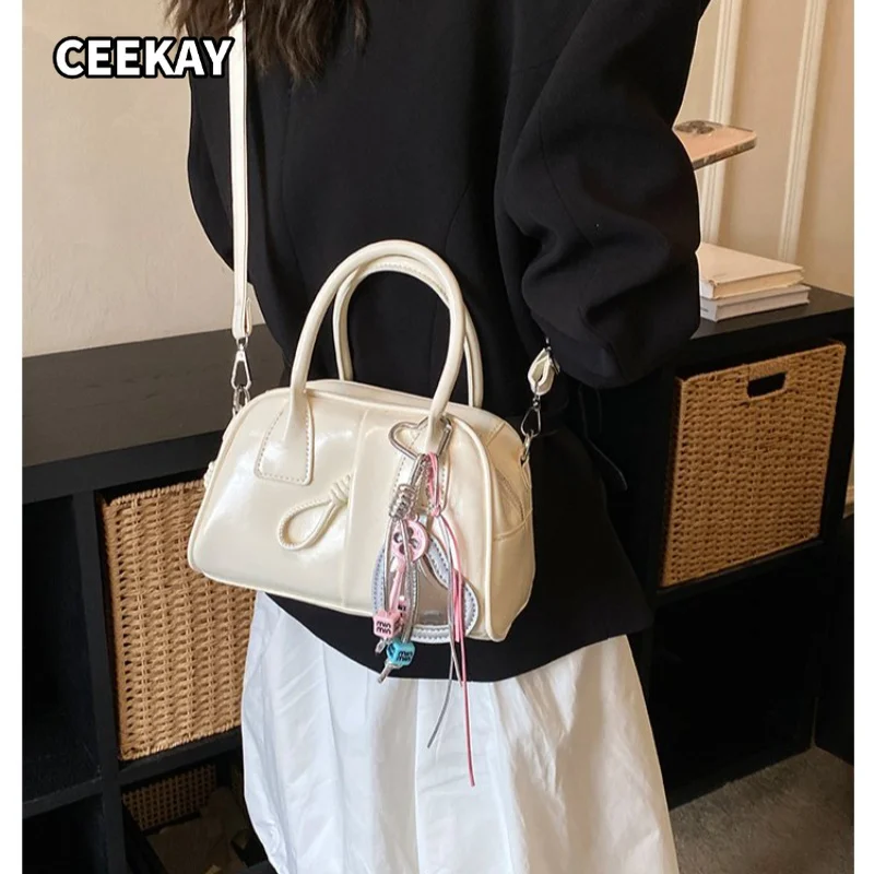 CEEKAY Women's Handbag Cream White Glossy PU Leather Small Top Handle Bag Bow Charm Pendant Daily Casual Sweet Style