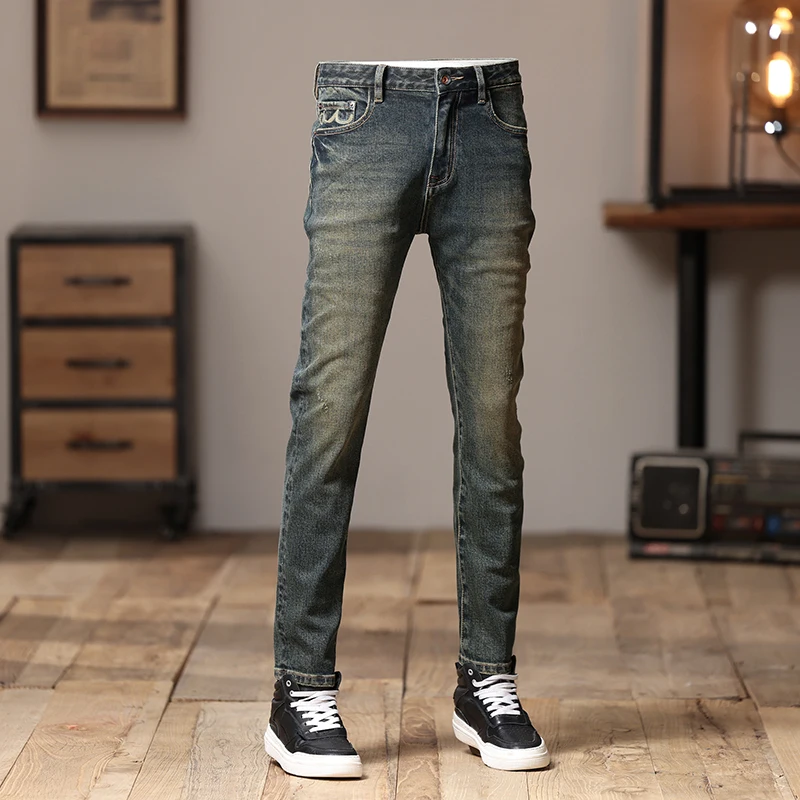 

Tight Men's Jeans Autumn and Winter Embroidery Trendy Retro Distressed Street Party Fashion Straight Skinny Pants