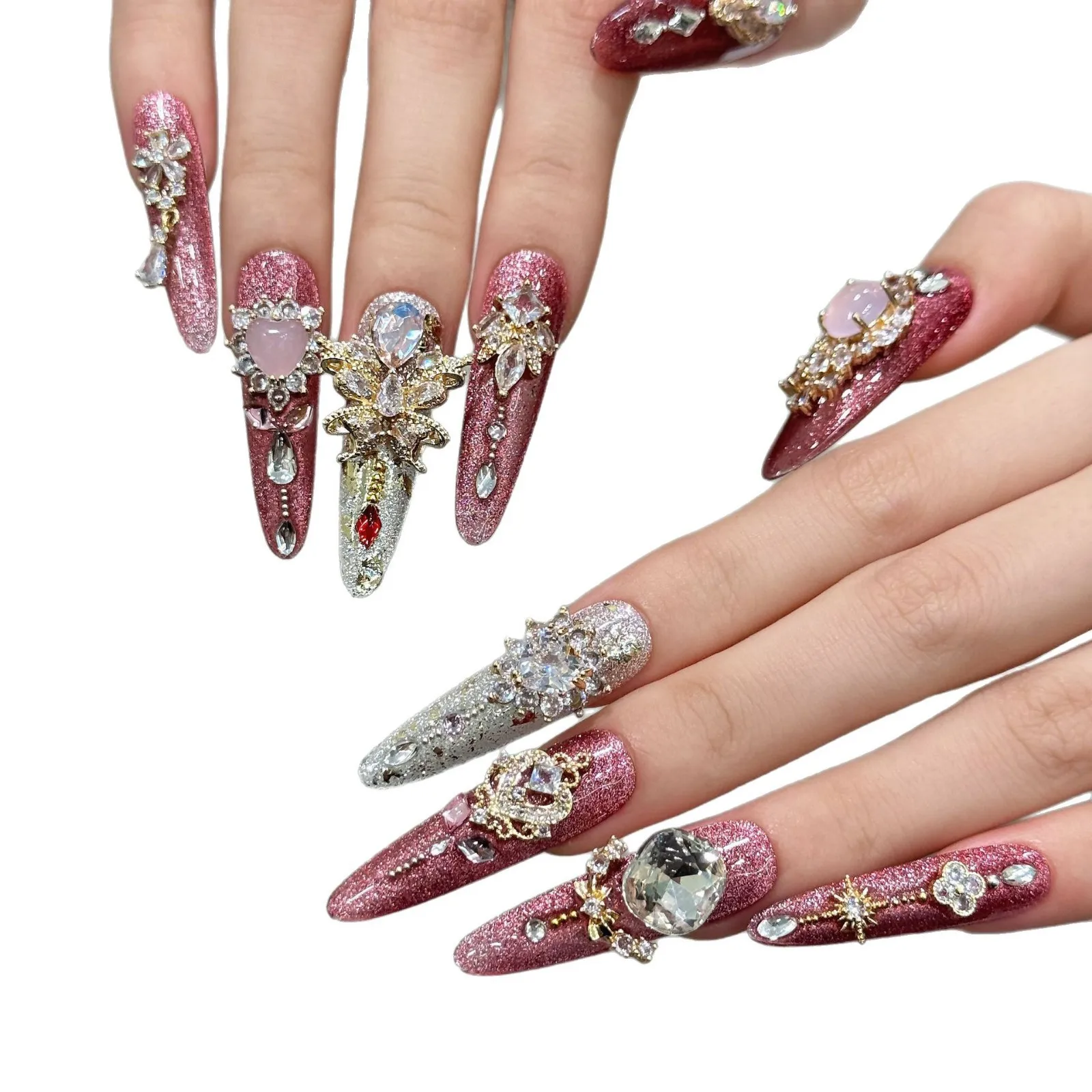 YTYIN A1 الفاخرة اليدوية يرتدي درع الدولار الوردي كامل الزركونيوم الصناعة الثقيلة ضوء الفاخرة فنجر تطبيق مسمار الفن مجموعة 10