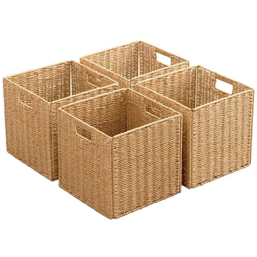 

Storage Baskets with Handles Paper Rope Storage Baskets Rectangle Collapsible Hand Woven Storage Cubes Bins for Organizing Shelv