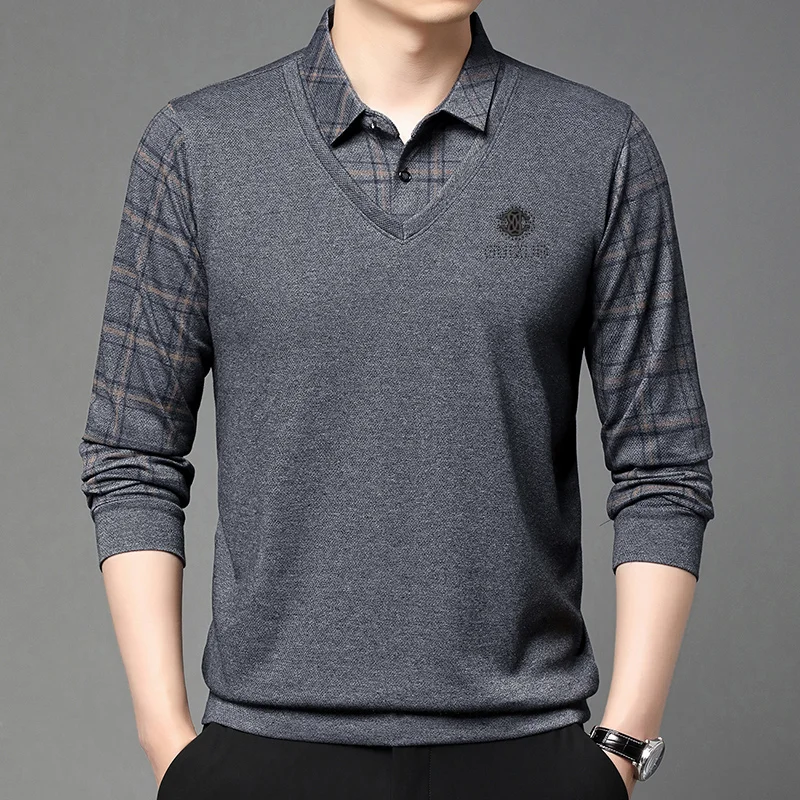 

Осень 2024, новая мужская футболка из двух предметов, деловая рубашка среднего возраста с длинным рукавом и воротником, модный универсальный топ