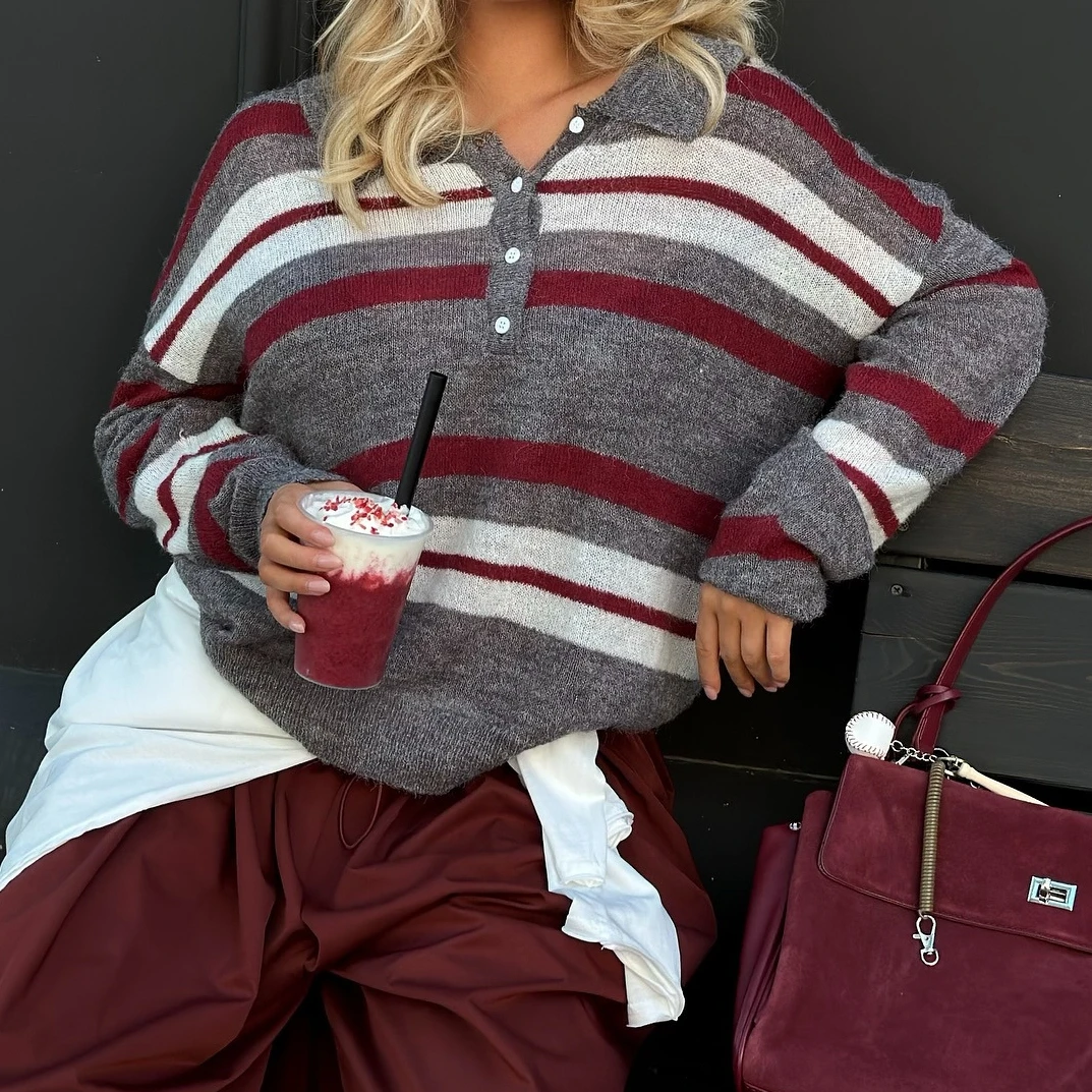 Damski sweter z dzianiny z długim rękawem, kołnierzykiem i zapinaniem na guziki, retro, jesienny, patchworkowy, w paski.