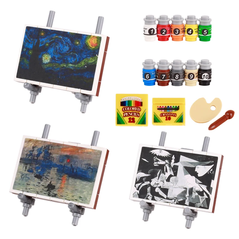 City Oil Painting Easel Series Printed Sticker Building Blocks Street View House Furniture Accessories Brush Pigment Bricks Toys