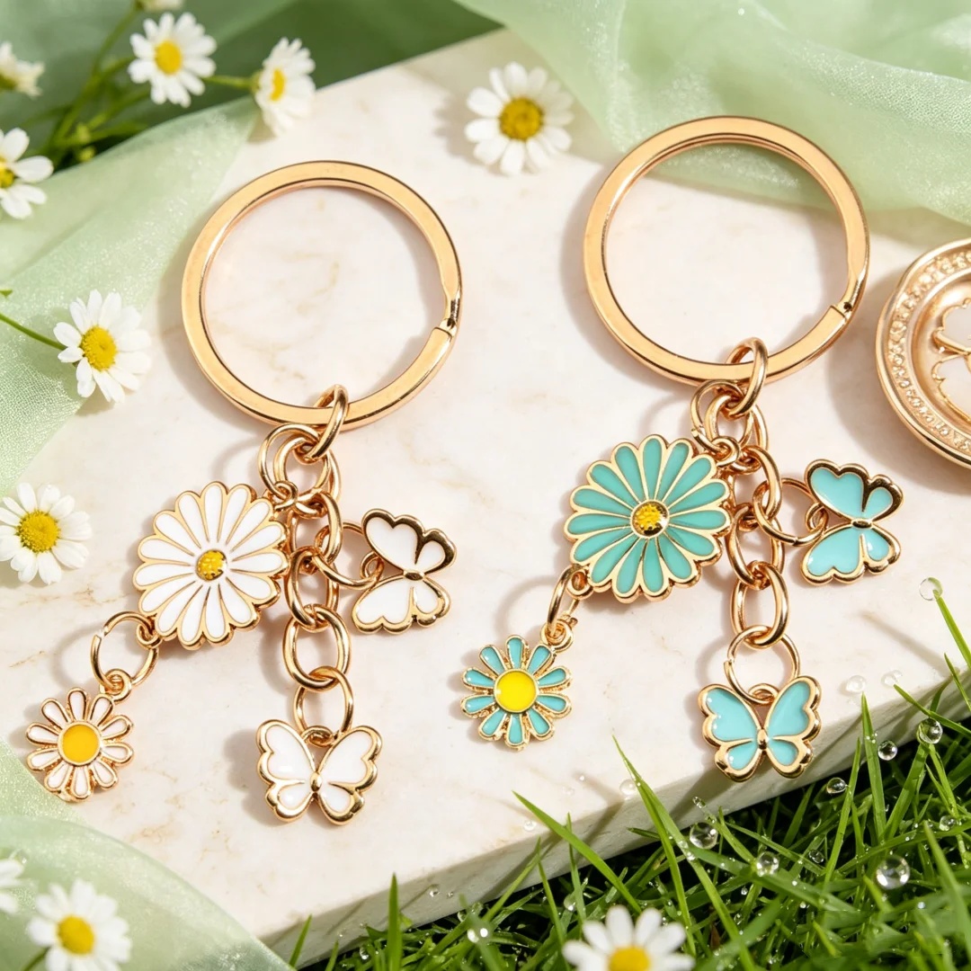 1 Stück Niedlicher Emaille-Schlüsselanhänger Gänseblümchen Schmetterling Kleine Blume Schlüsselring Taschenanhänger Souvenir Geschenke für Frauen Mädchen DIY Handgemachter Schmuck