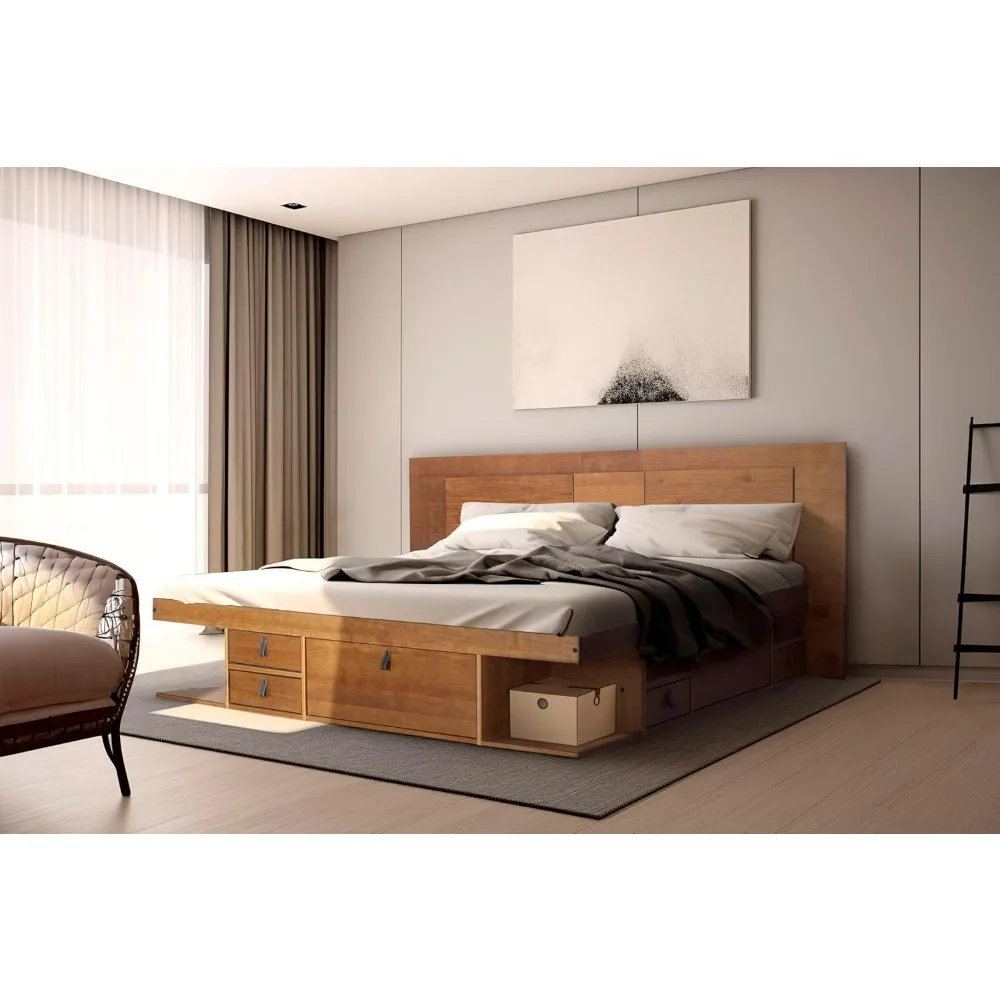 Beds,Storage Platform Bed with Drawers + Flat Panel Headboard