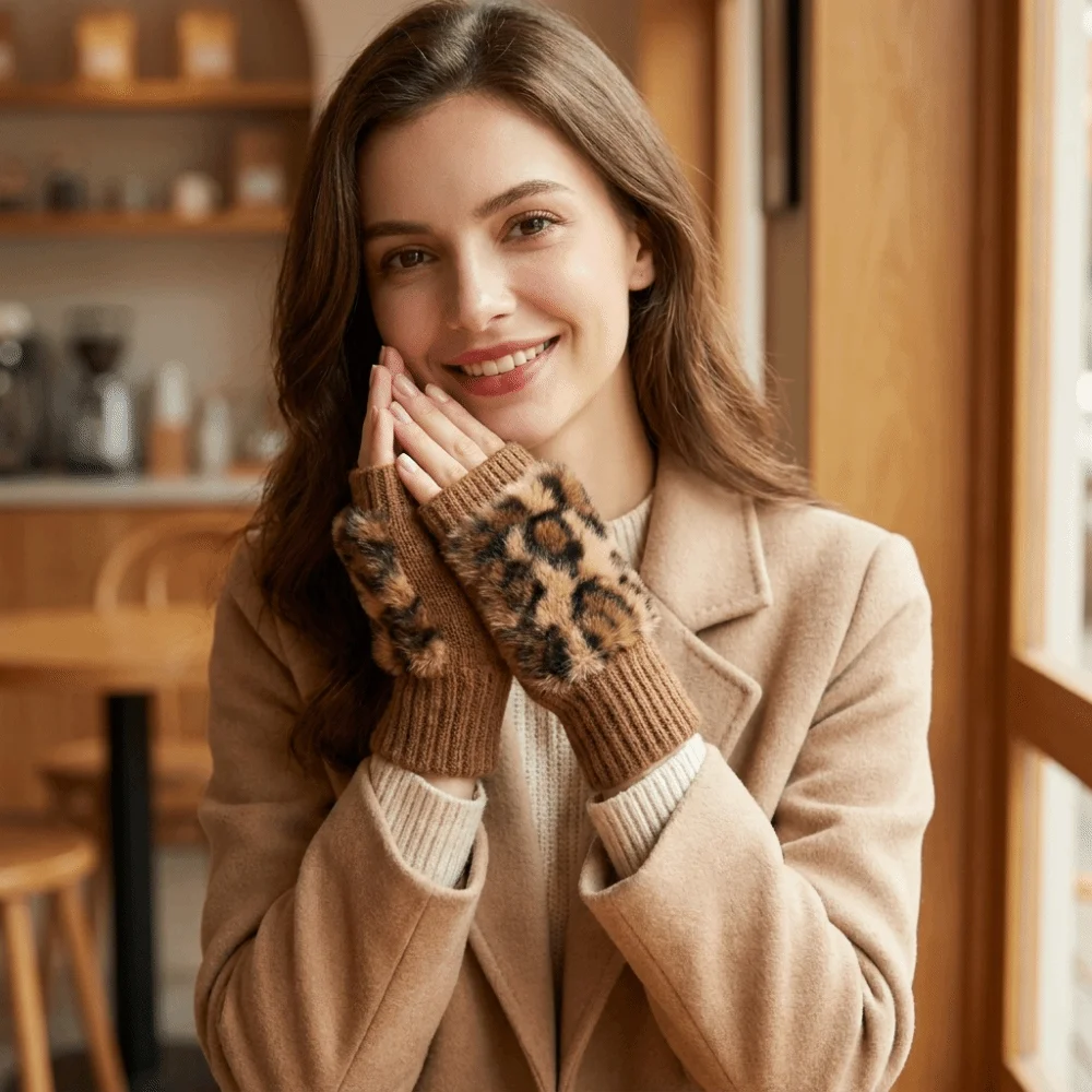 Vintage Warm Fingerless Gloves Short Style Soft Half-Finger Gloves Knit Polyester Leopard Print Gloves Driving