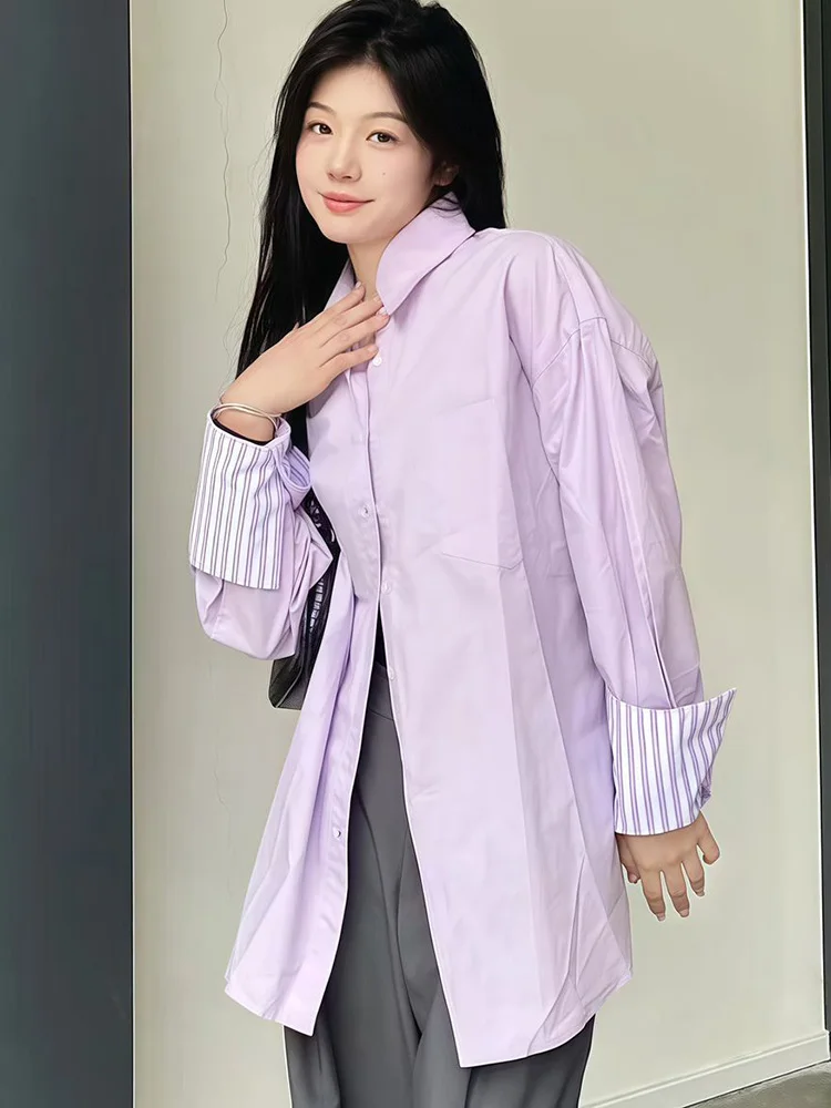 Elegante camisa roxa feminina manga longa vintage doce blusa coreano casual listrado retalhos feminino todos os jogos primavera outono topos