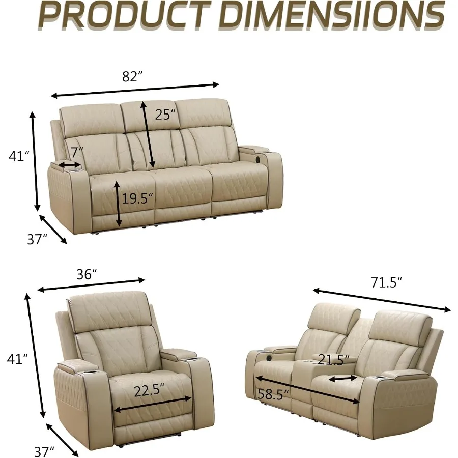 3 Pcs Living Room Furniture Set, Breathing Leather Power Recliner Sofa Set, Reclining Sofa and Chair with LED Lighting/USB Port