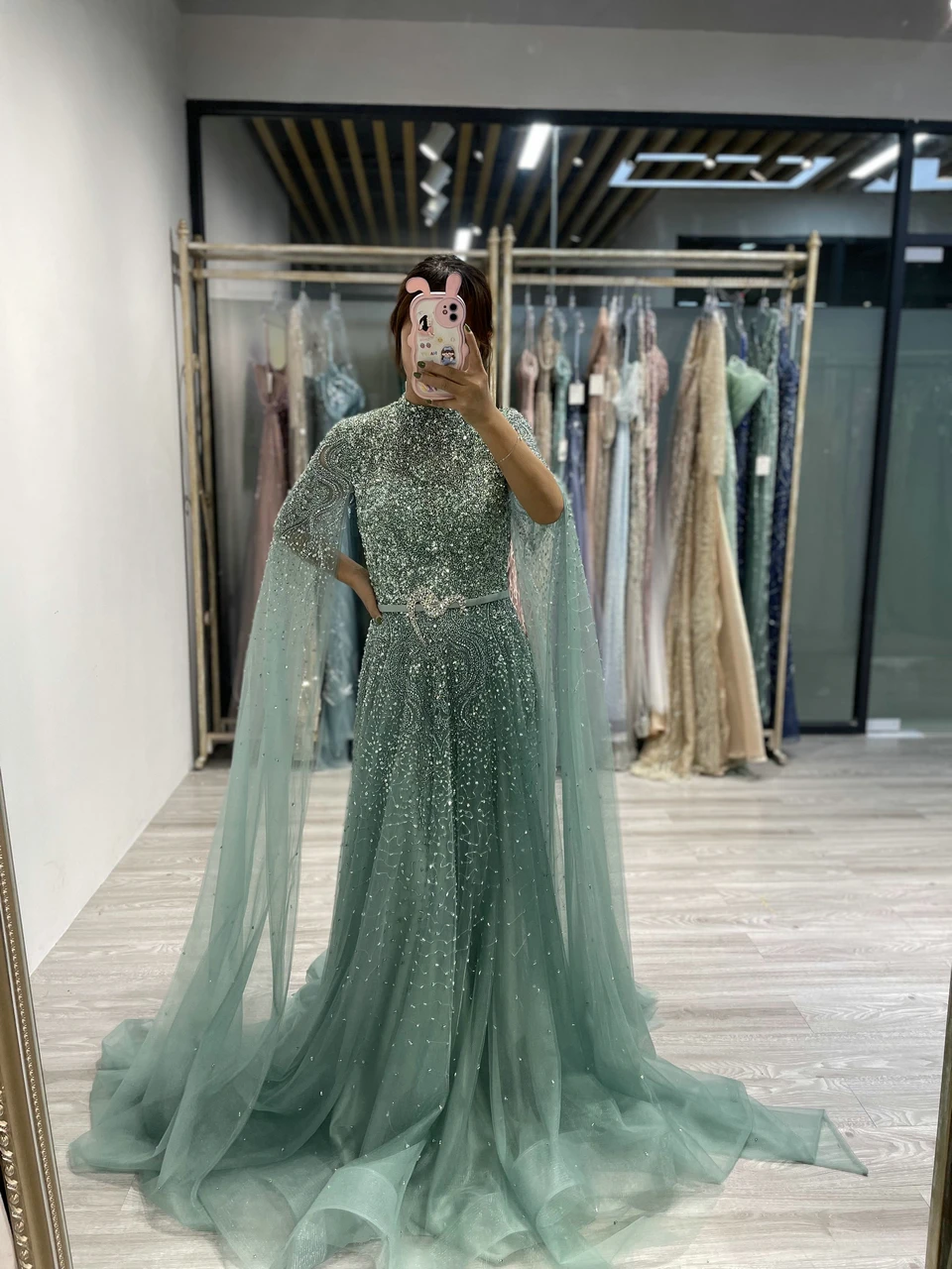 MYMB Luxury Cap Sleeve Dubai Wedding Party Dress High Neck A Line Long Sleeve Green Muslim Mother Evening Dress MY30024