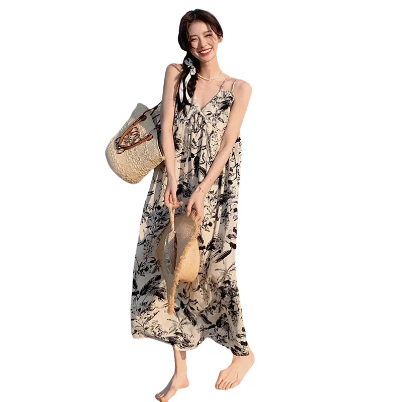

New Fashion Casual Wear Floral Long Loose Strappy Maxi Beach Dress For Women PY26006