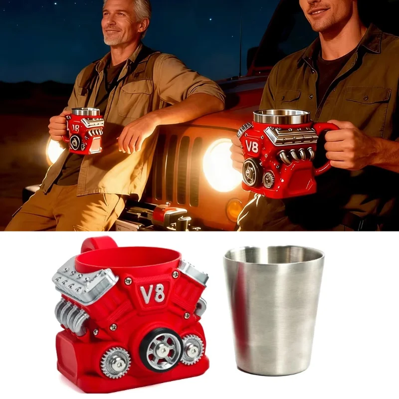 

Кружка для кофе из нержавеющей стали с дизайном двигателя V8, забавная кружка с дизайном двигателя V6, кофейная чашка, кружка для коктейлей, чайная чашка для автолюбителей