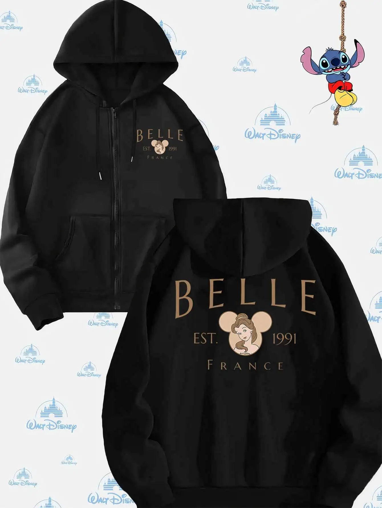 سترة ديزني "الجميلة والوحش" أنيقة ذات طابع حسناء وطباعة تذكارية بغطاء للرأس وسحاب للخريف والشتاء