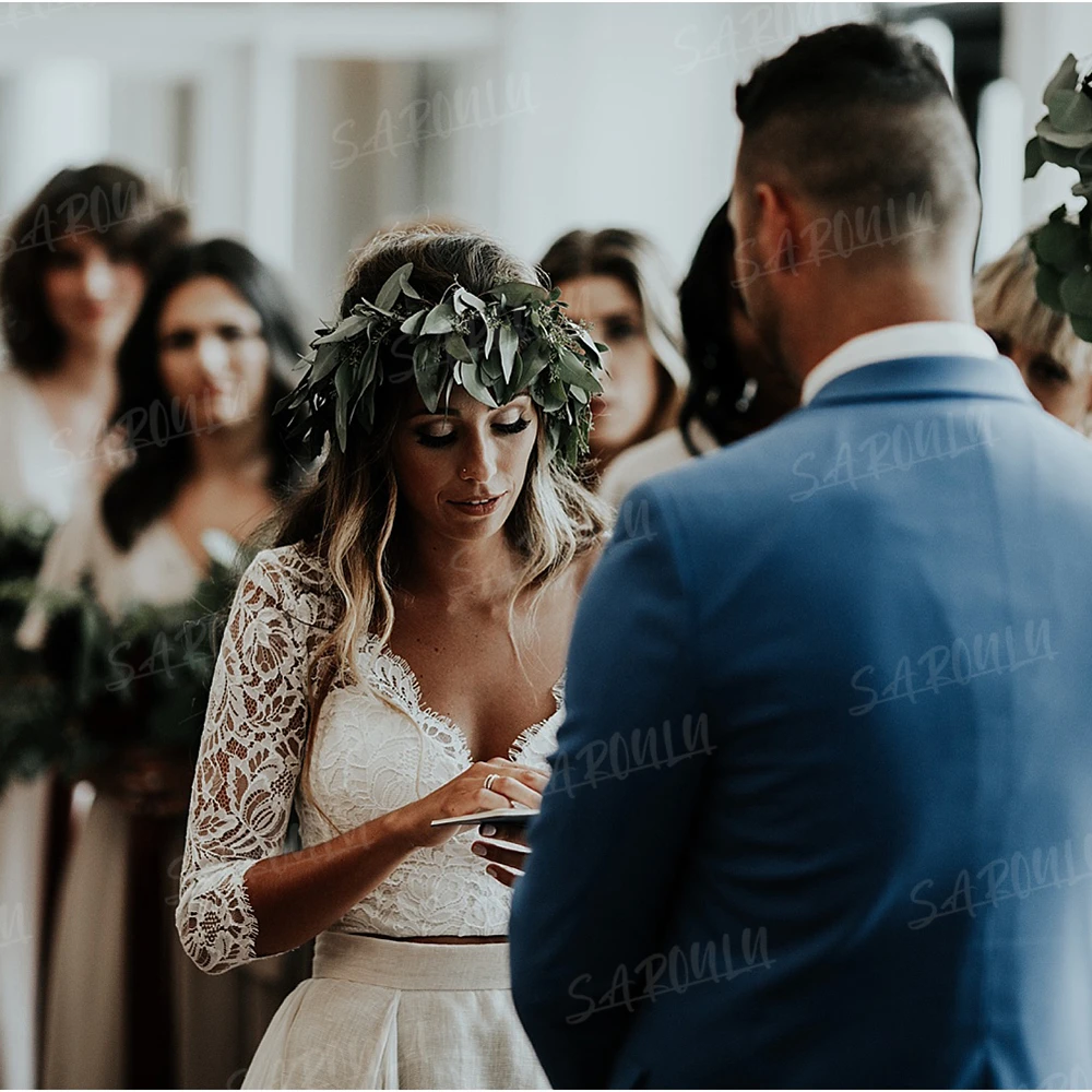 Vestido de novia drapeado de dos piezas, manga de tres cuartos, vestido de novia recortado, vestido de novia para ser novia 2023, escote corazón