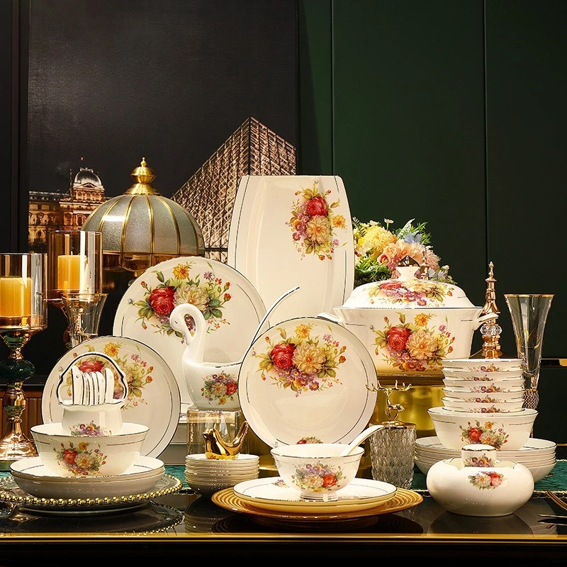 60 pieces European bone china hand-painted drawing dishes, ceramic tableware set