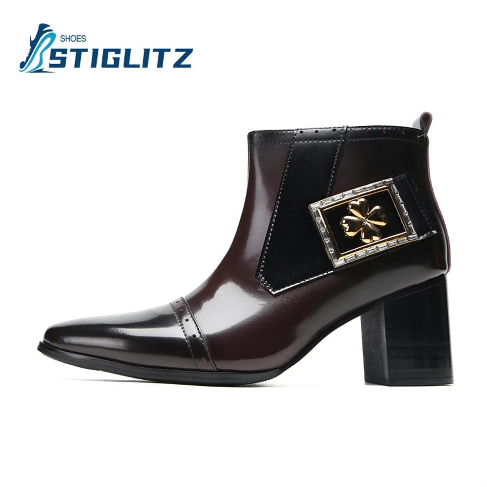 

Metal Clover Genuine Leather Men's Boots Pointed Toe Square Heel Men's Ankle Boots Luxury Dress Shoes Moderator Formal Shoes New