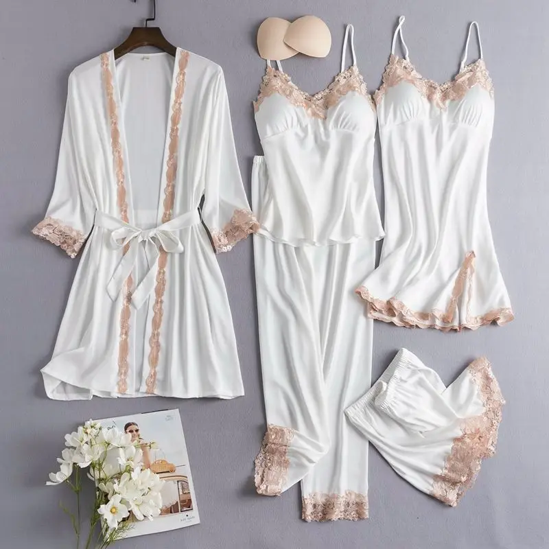 5PCS sexy and fashionable lace silk sleepwear set for women, gold floral V-neck suspender nightgown, bathrobe, summer home wear