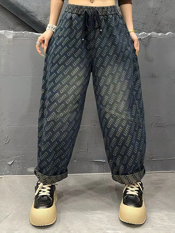 High Waist Washed Denim Jeans Women's Casual Straight Leg Pants Letter Pattern Comfortable Cotton Blend Autumn New Style