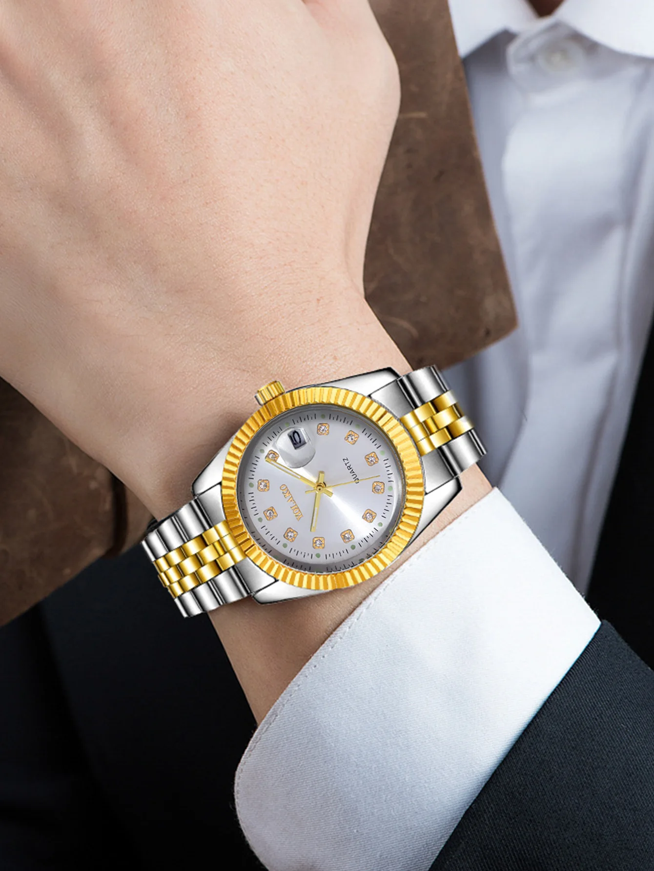 1pc ビジネスとレジャーダイヤモンド散りばめられたダイヤルメンズスチールベルトクォーツ時計