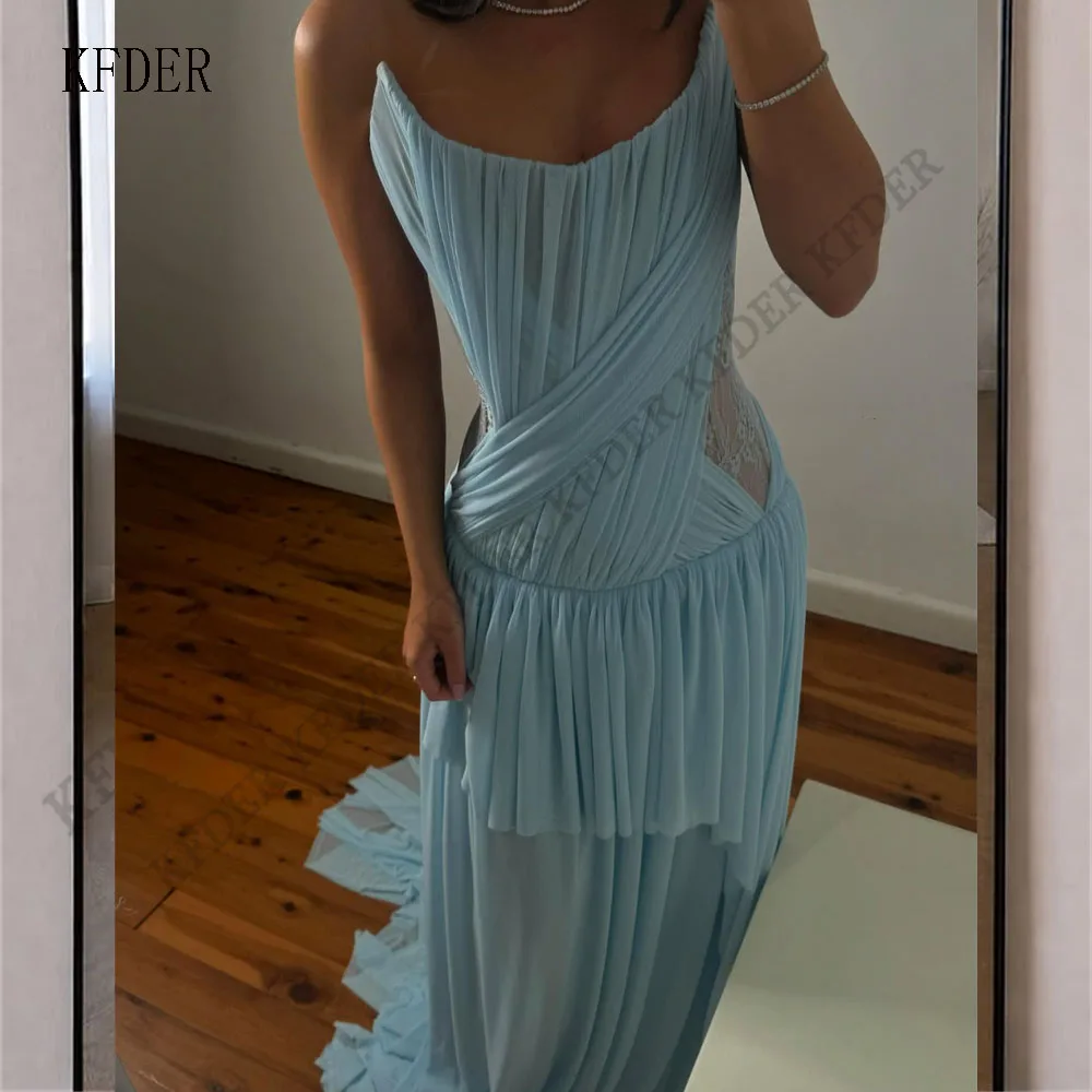 Elegant Blue Strapless Chiffon Evening Gown Dress Sleeveless A Line Prom Dress For Women Party Dress Customized Robe de soirée